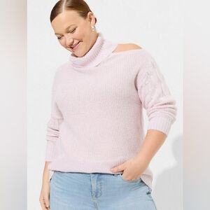NWT 4X TORRID Lurex Cable Pullover Cold Shoulder Turtle Neck Sweater~Barely Pink